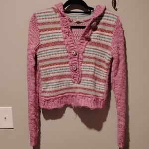 Zara Pink Striped V-Neck Hooded Sweater